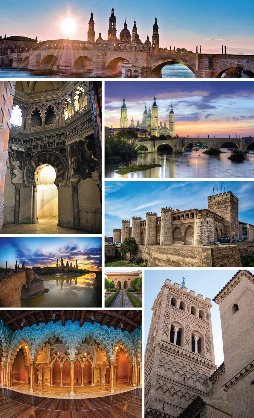 Zaragoza, Basilica del Pilar, la Seo, Catedral del Salvador, Plaza de la hispanidad, Palacio de al Aljaferia, Casa del Deán y Arco del Deán, Torreón de la Zuda, Puente de Piedra, Puente del Tercer Milenio