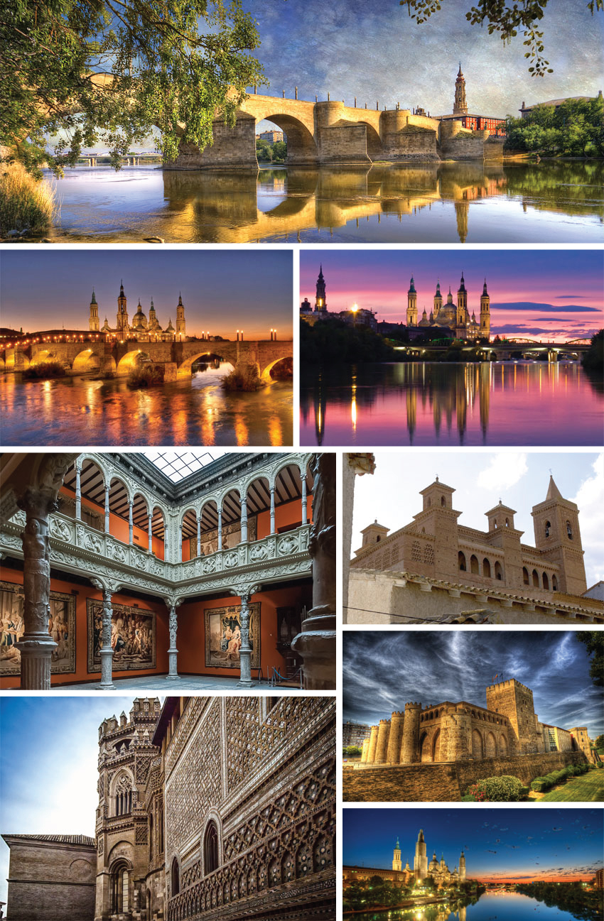 Zaragoza, Basilica del Pilar, la Seo, Catedral del Salvador, Plaza de la hispanidad, Palacio de al Aljaferia, Casa del Deán y Arco del Deán, Torreón de la Zuda, Puente de Piedra, Puente del Tercer Milenio